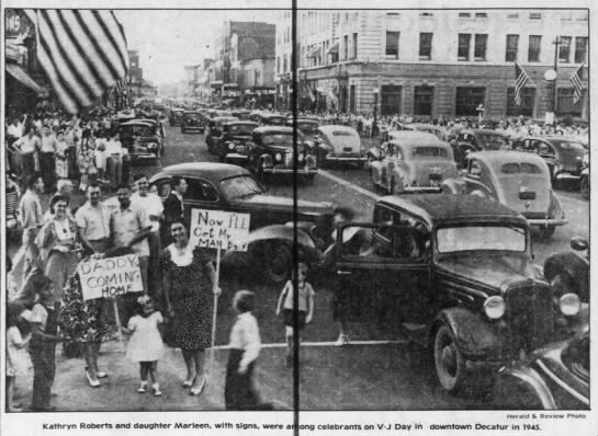 Celebrants on V-J in downtown Decatur, 1945
